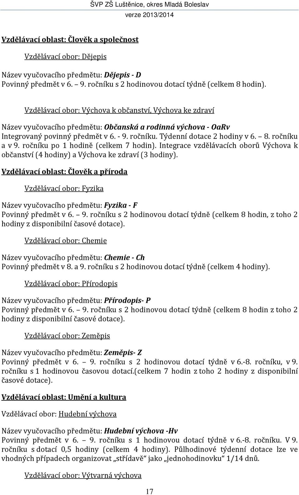 ročníku a v 9. ročníku po 1 hodině (celkem 7 hodin). Integrace vzdělávacích oborů Výchova k občanství (4 hodiny) a Výchova ke zdraví (3 hodiny).