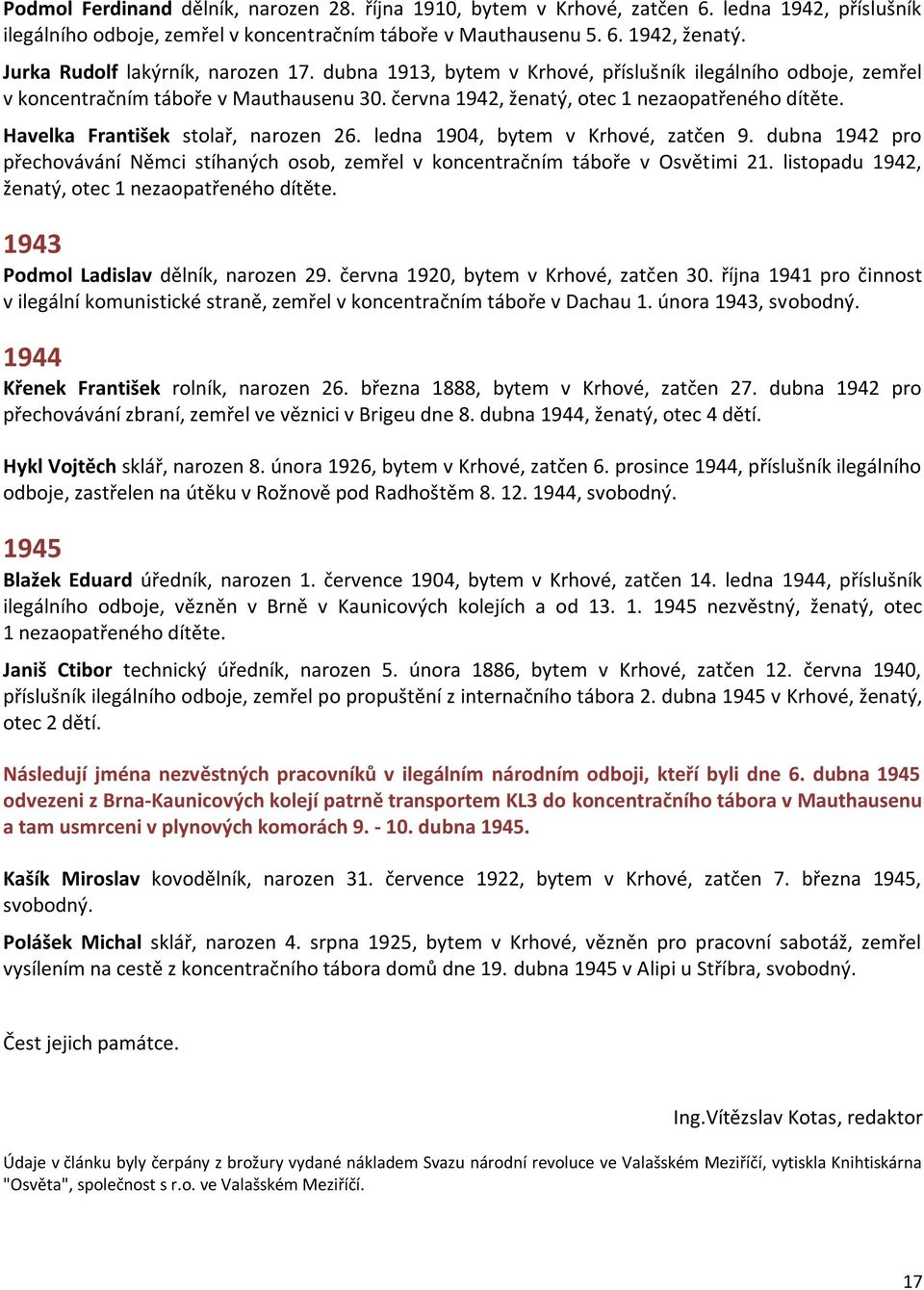 Havelka František stolař, narozen 26. ledna 1904, bytem v Krhové, zatčen 9. dubna 1942 pro přechovávání Němci stíhaných osob, zemřel v koncentračním táboře v Osvětimi 21.