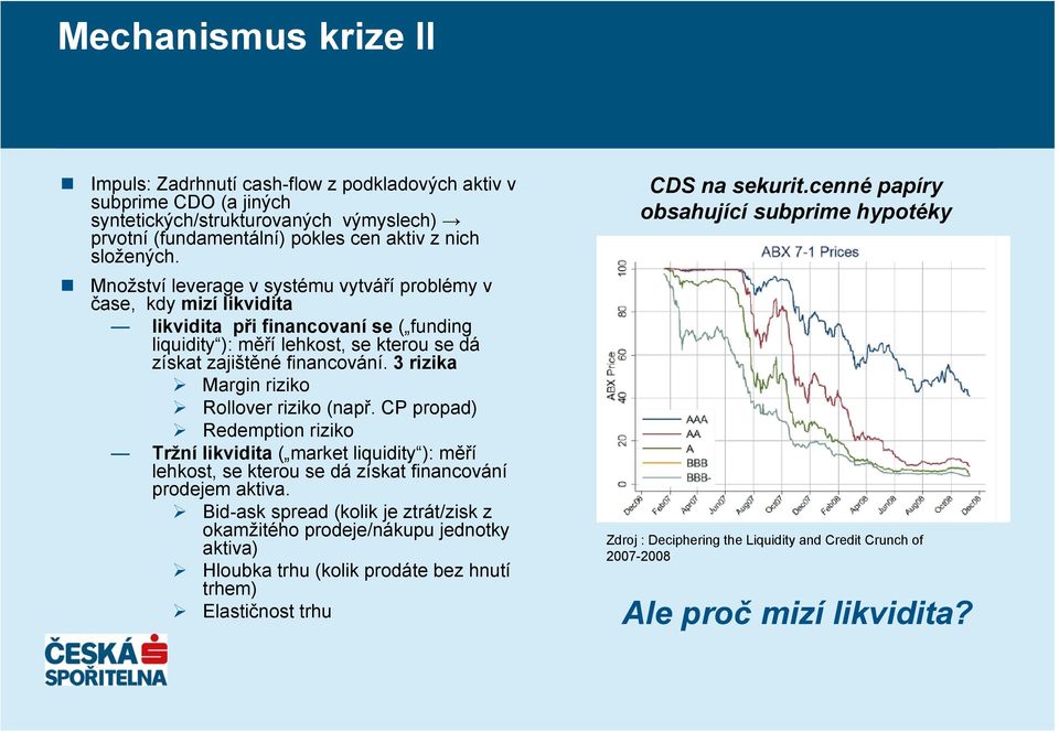 3 rizika Margin riziko Rollover riziko (např. CP propad) Redemption riziko Tržní likvidita ( market liquidity ): měří lehkost, se kterou se dá získat financování prodejem aktiva.