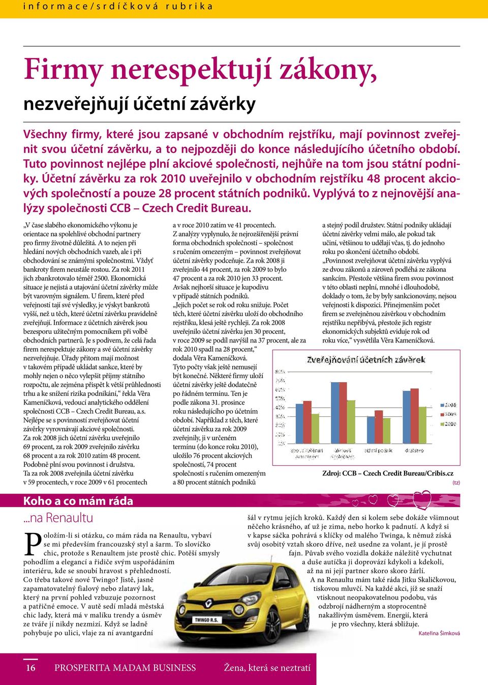 Účetní závěrku za rok 2010 uveřejnilo v obchodním rejstříku 48 procent akciových společností a pouze 28 procent státních podniků. Vyplývá to z nejnovější analýzy společnosti CCB Czech Credit Bureau.