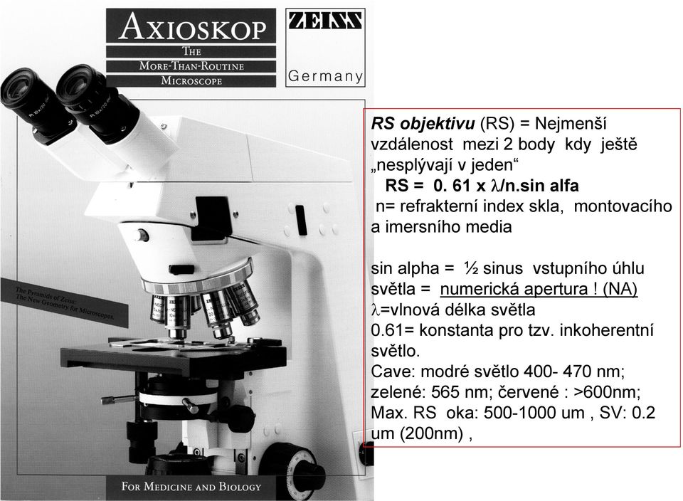 světla = numerická apertura! (NA) λ=vlnová délka světla 0.61= konstanta pro tzv. inkoherentní světlo.