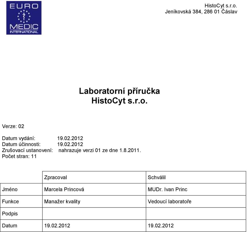 Počet stran: 11 Zpracoval Schválil Jméno Marcela Princová MUDr.