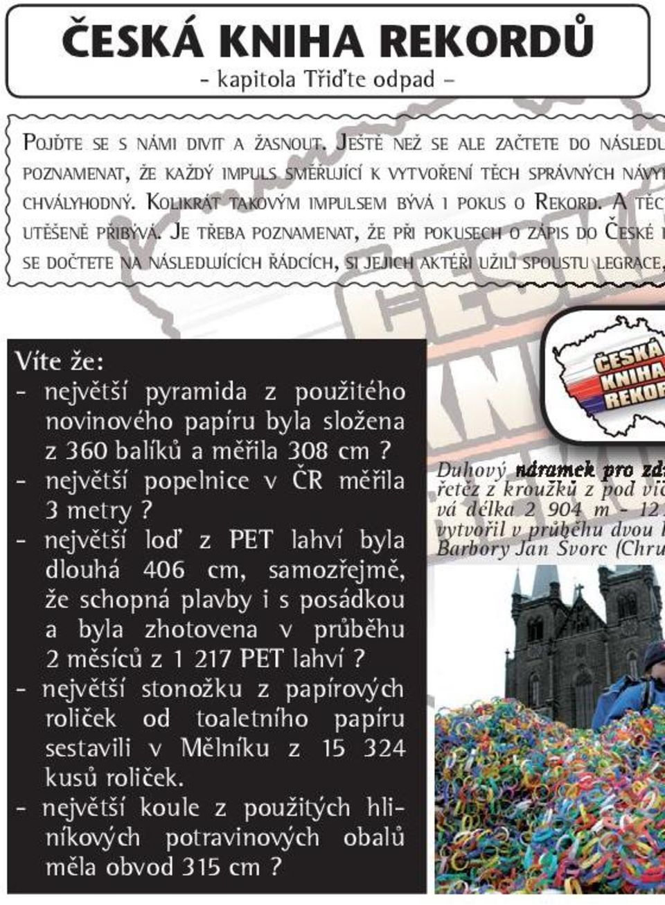 JE TŘEBA POZNAMENAT, ŽE PŘI POKUSECH O ZÁPIS DO ČESKÉ K SE DOČTETE NA NÁSLEDUJÍCÍCH ŘÁDCÍCH, SI JEJICH AKTÉŘI UŽILI SPOUSTU LEGRACE, Víte že: - největší pyramida z použitého novinového papíru byla