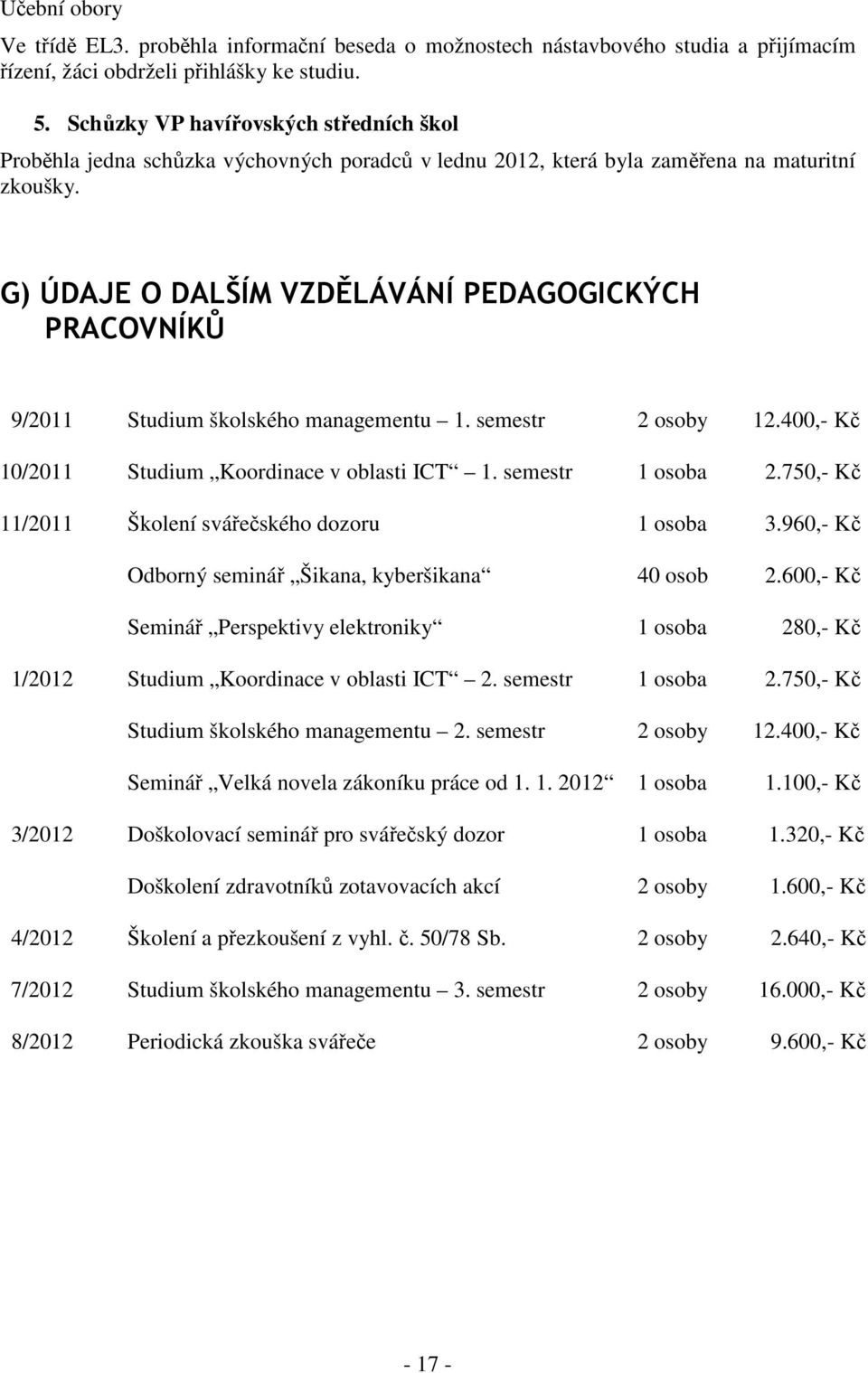 G) ÚDAJE O DALŠÍM VZDĚLÁVÁNÍ PEDAGOGICKÝCH PRACOVNÍKŮ 9/2011 Studium školského managementu 1. semestr 2 osoby 12.400,- Kč 10/2011 Studium Koordinace v oblasti ICT 1. semestr 1 osoba 2.