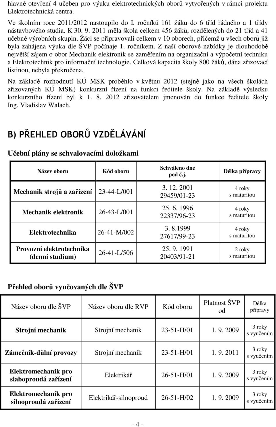 Žáci se připravovali celkem v 10 oborech, přičemž u všech oborů již byla zahájena výuka dle ŠVP počínaje 1. ročníkem.