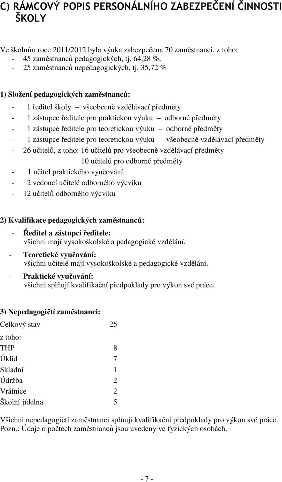 35,72 % 1) Složení pedagogických zaměstnanců: - 1 ředitel školy všeobecně vzdělávací předměty - 1 zástupce ředitele pro praktickou výuku odborné předměty - 1 zástupce ředitele pro teoretickou výuku