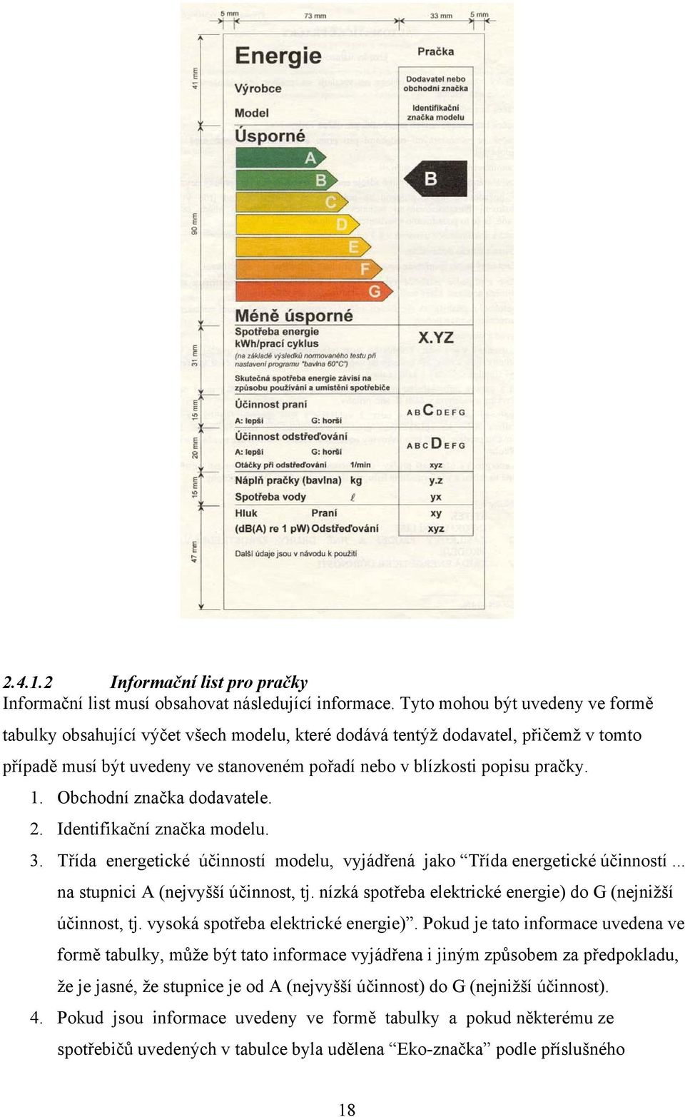 Obchodní značka dodavatele. 2. Identifikační značka modelu. 3. Třída energetické účinností modelu, vyjádřená jako Třída energetické účinností... na stupnici A (nejvyšší účinnost, tj.