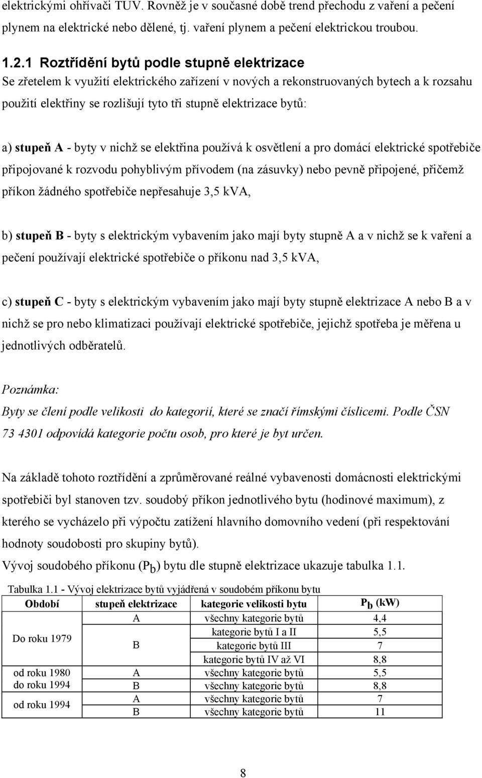 a) stupeň A - byty v nichž se elektřina používá k osvětlení a pro domácí elektrické spotřebiče připojované k rozvodu pohyblivým přívodem (na zásuvky) nebo pevně připojené, přičemž příkon žádného