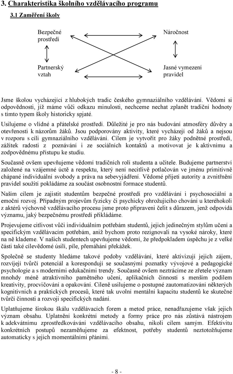 Vědomi si odpovědnosti, jíž máme vůči odkazu minulosti, nechceme nechat zplanět tradiční hodnoty s tímto typem školy historicky spjaté. Usilujeme o vlídné a přátelské prostředí.