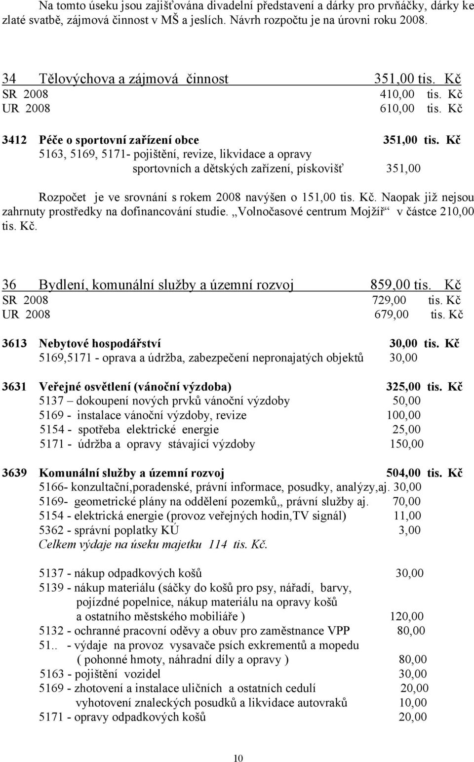 Kč 5163, 5169, 5171- pojištění, revize, likvidace a opravy sportovních a dětských zařízení, pískovišť 351,00 Rozpočet je ve srovnání s rokem 2008 navýšen o 151,00 tis. Kč.