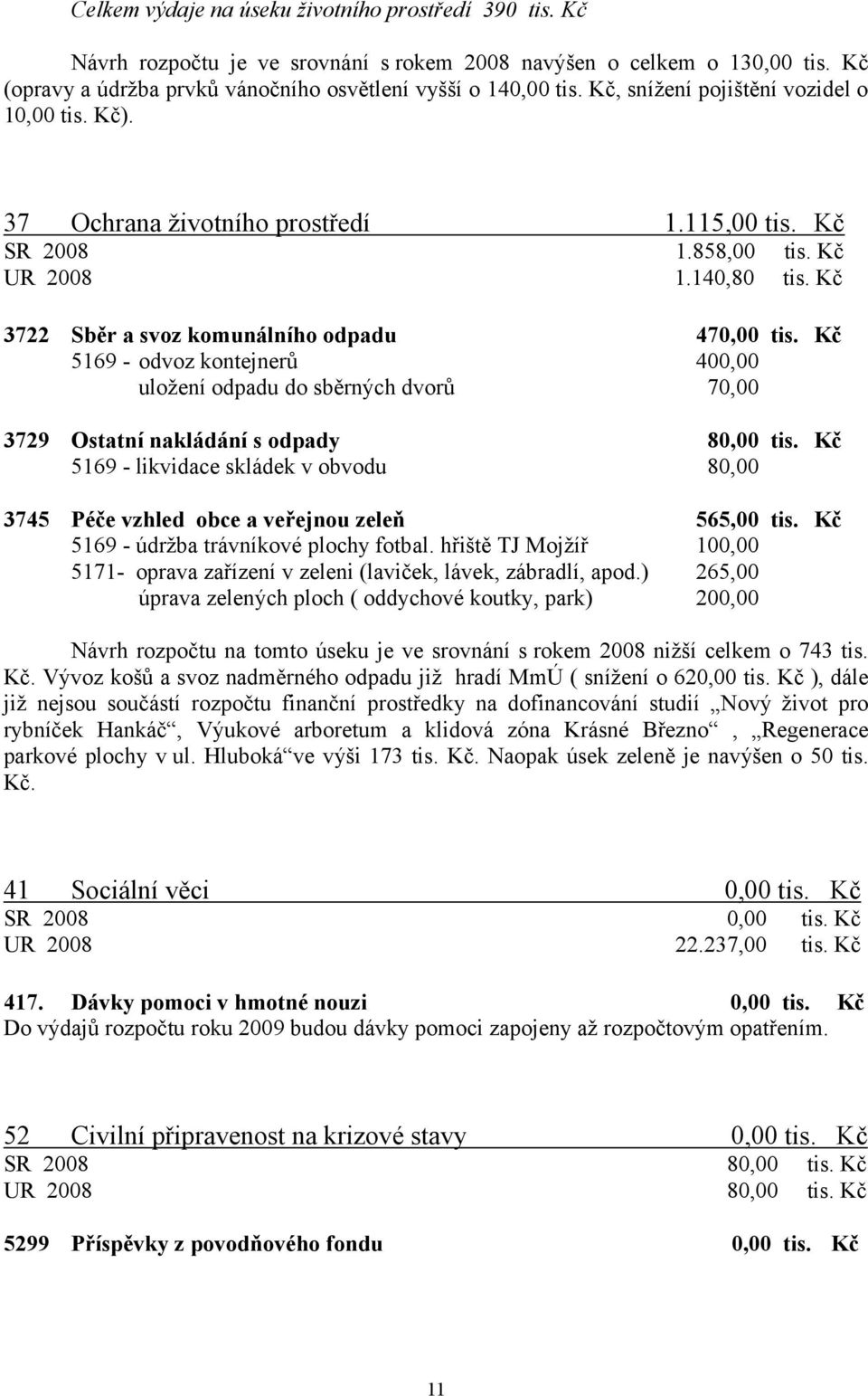 Kč 5169 - odvoz kontejnerů 400,00 uložení odpadu do sběrných dvorů 70,00 3729 Ostatní nakládání s odpady 80,00 tis.