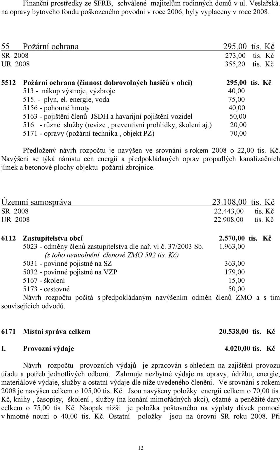 energie, voda 75,00 5156 - pohonné hmoty 40,00 5163 - pojištění členů JSDH a havarijní pojištění vozidel 50,00 516. - různé služby (revize, preventivní prohlídky, školení aj.