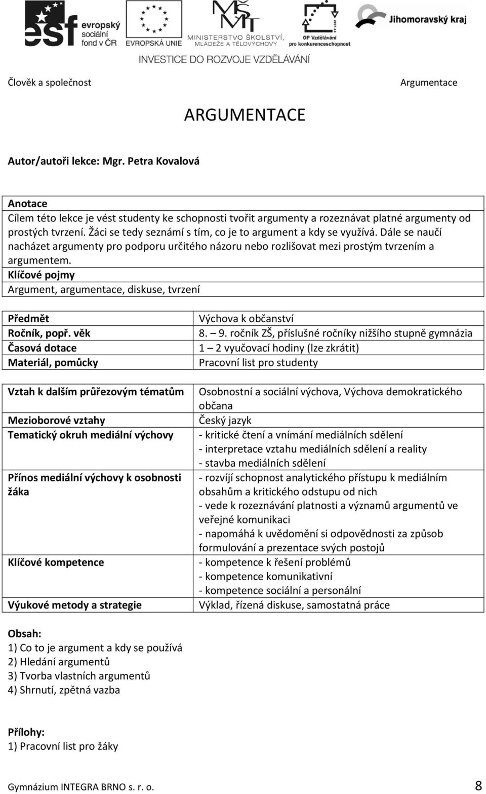 Klíčové pojmy Argument, argumentace, diskuse, tvrzení Předmět Ročník, popř.