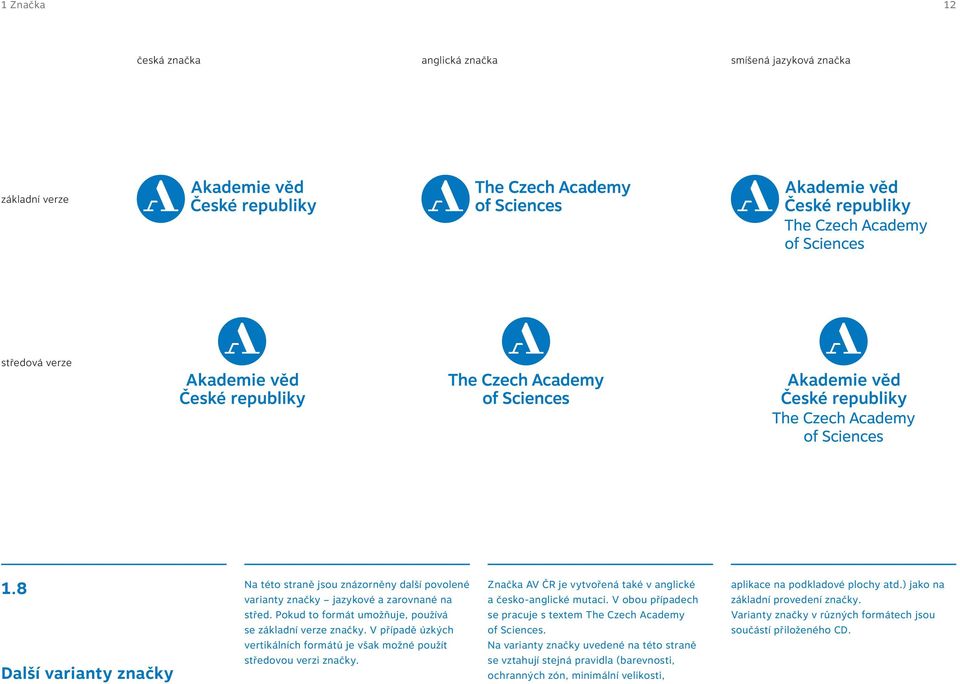 V případě úzkých vertikálních formátů je však možné použít středovou verzi značky. Značka AV ČR je vytvořená také v anglické a česko-anglické mutaci.