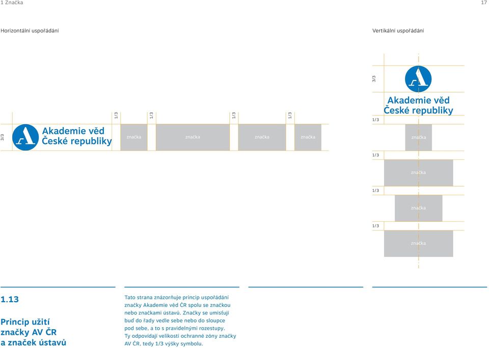 13 Princip užití značky AV ČR a značek ústavů Tato strana znázorňuje princip uspořádání značky Akademie věd ČR spolu se