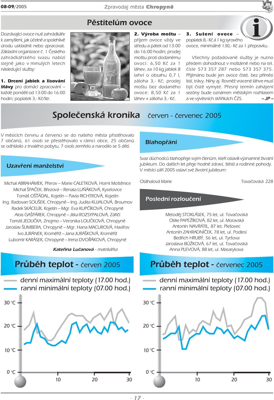 Drcení jablek a lisování šťávy pro domácí zpracování každé pondělí od 13:00 do 16:00 hodin; poplatek 3, Kč/litr. Pěstitelům ovoce 2.