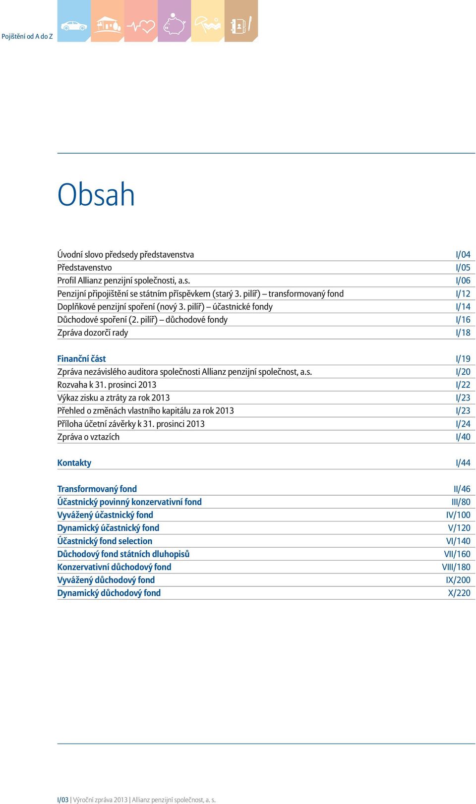 pilíř) důchodové fondy I/16 Zpráva dozorčí rady I/18 Finanční část I/19 Zpráva nezávislého auditora společnosti Allianz penzijní společnost, a.s. I/20 Rozvaha k 31.