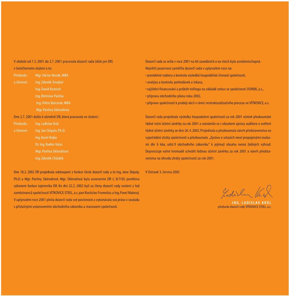 Ing. Radim Valas Mgr. Pavlína Sklenářová Ing. Zdeněk Chládek Dozorčí rada se sešla v roce 2001 na 6ti zasedáních a na všech byla usnášeníschopná.