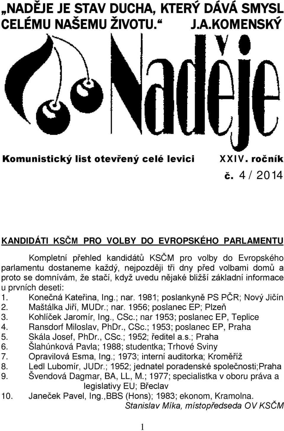 domnívám, že stačí, když uvedu nějaké bližší základní informace u prvních deseti: 1. Konečná Kateřina, Ing.; nar. 1981; poslankyně PS PČR; Nový Jičín 2. Maštálka Jiří, MUDr.; nar. 1956; poslanec EP; Plzeň 3.