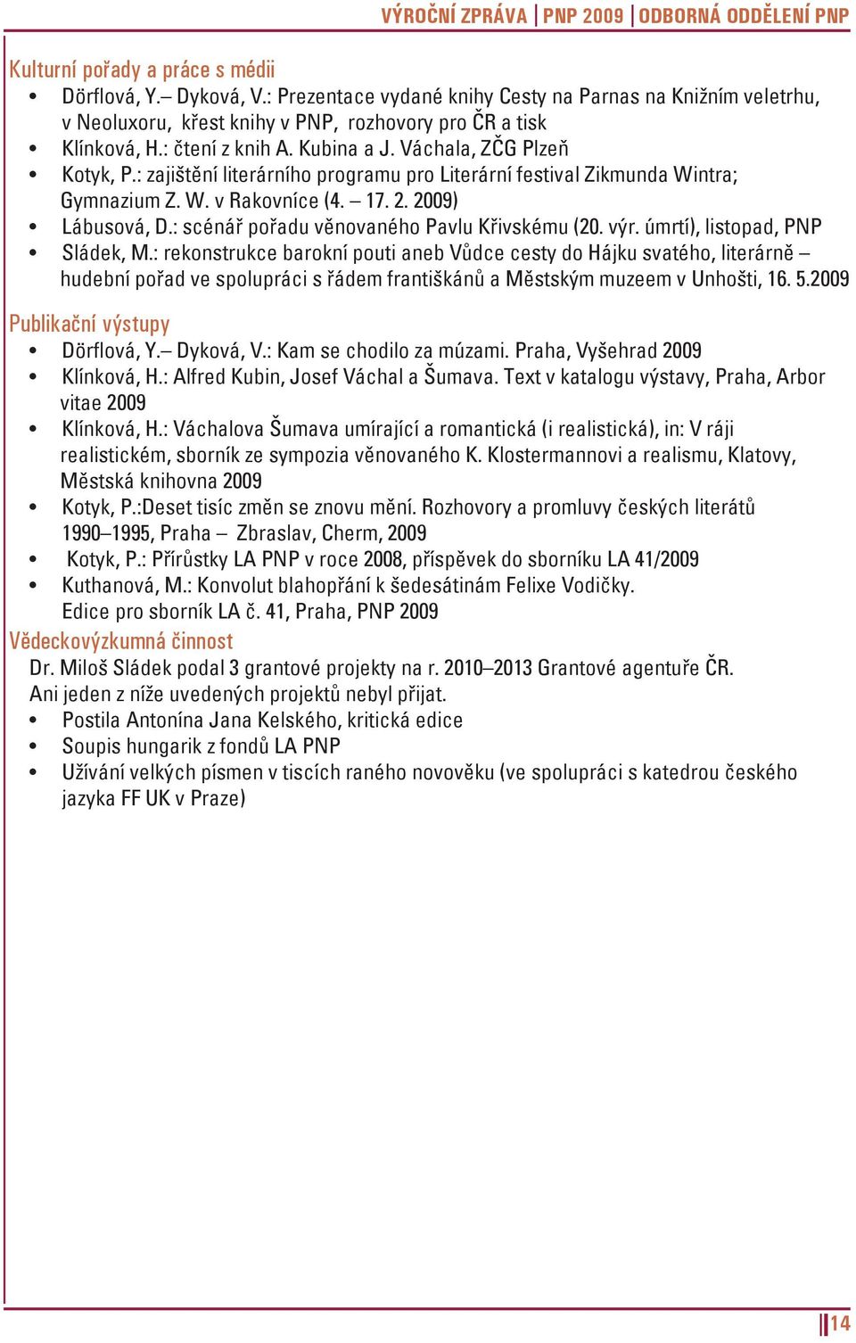 : zajištění literárního programu pro Literární festival Zikmunda Wintra; Gymnazium Z. W. v Rakovníce (4. 17. 2. 2009) Lábusová, D.: scénář pořadu věnovaného Pavlu Křivskému (20. výr.