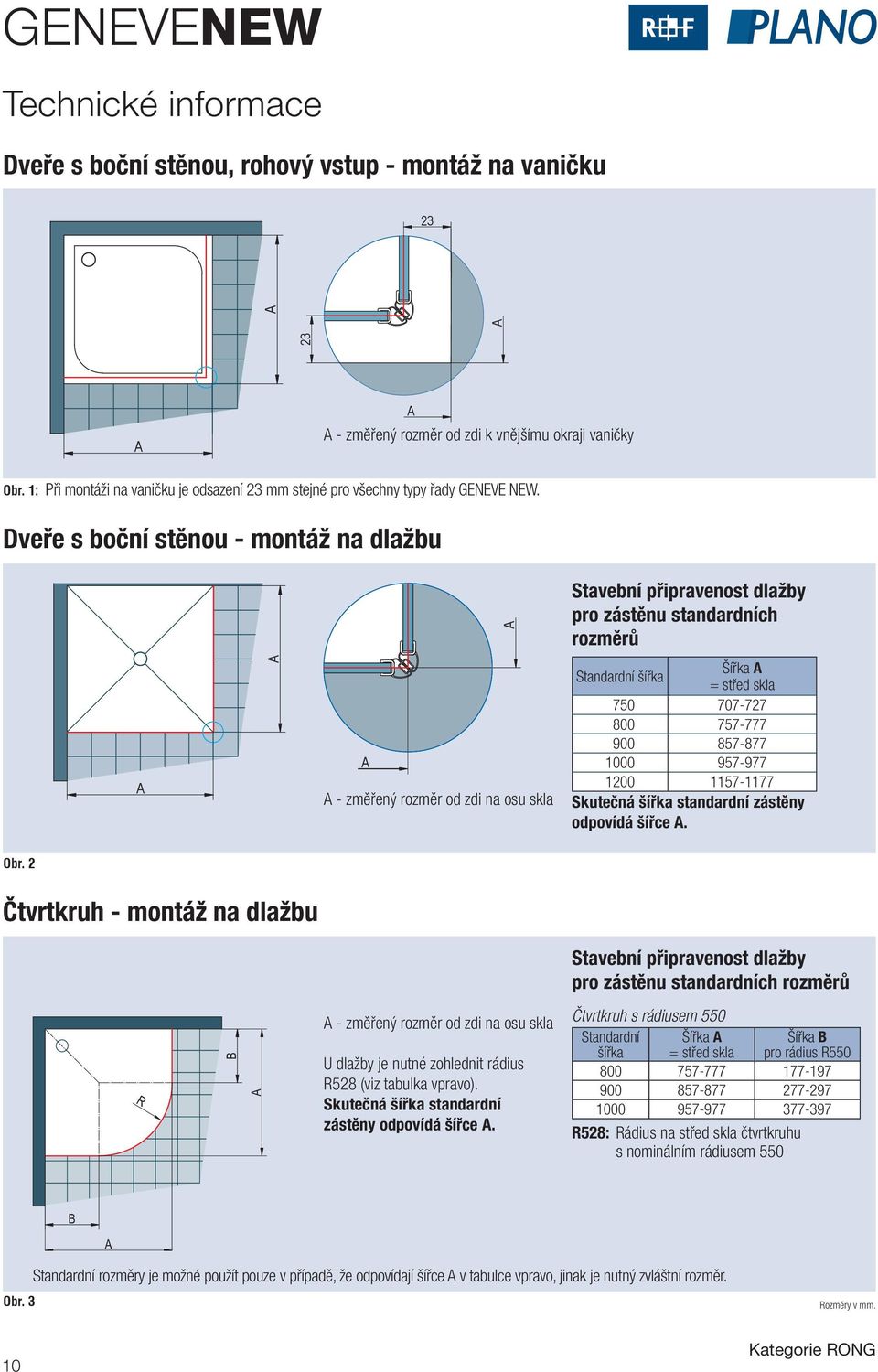 Dveře s boční stěnou - montáž na dlažbu tavební připravenost dlažby pro zástěnu standardních rozměrů - změřený rozměr od zdi na osu skla tandardní šířka = střed skla 750 707-727 800 757-777 900