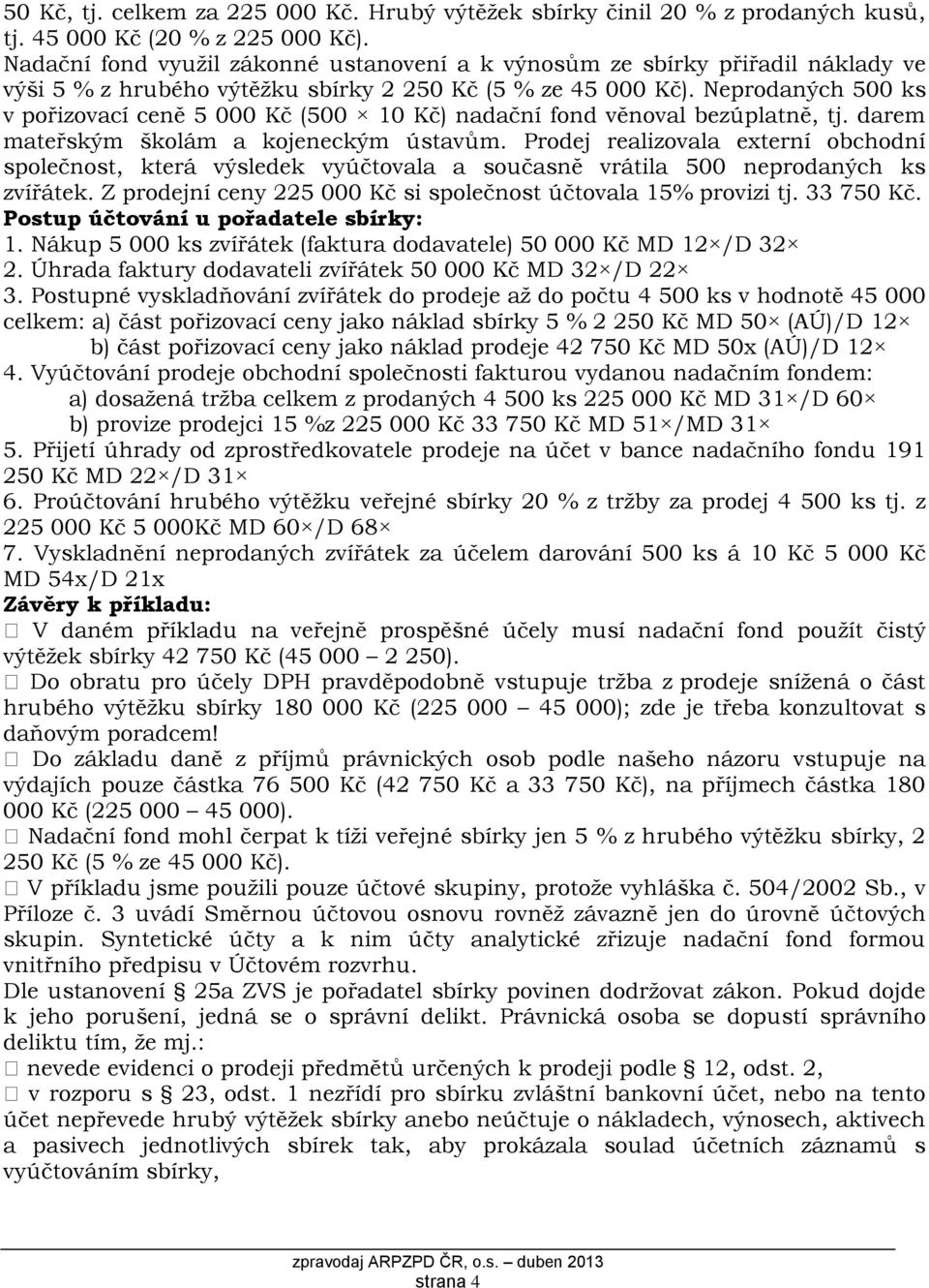 Neprodaných 500 ks v pořizovací ceně 5 000 Kč (500 10 Kč) nadační fond věnoval bezúplatně, tj. darem mateřským školám a kojeneckým ústavům.