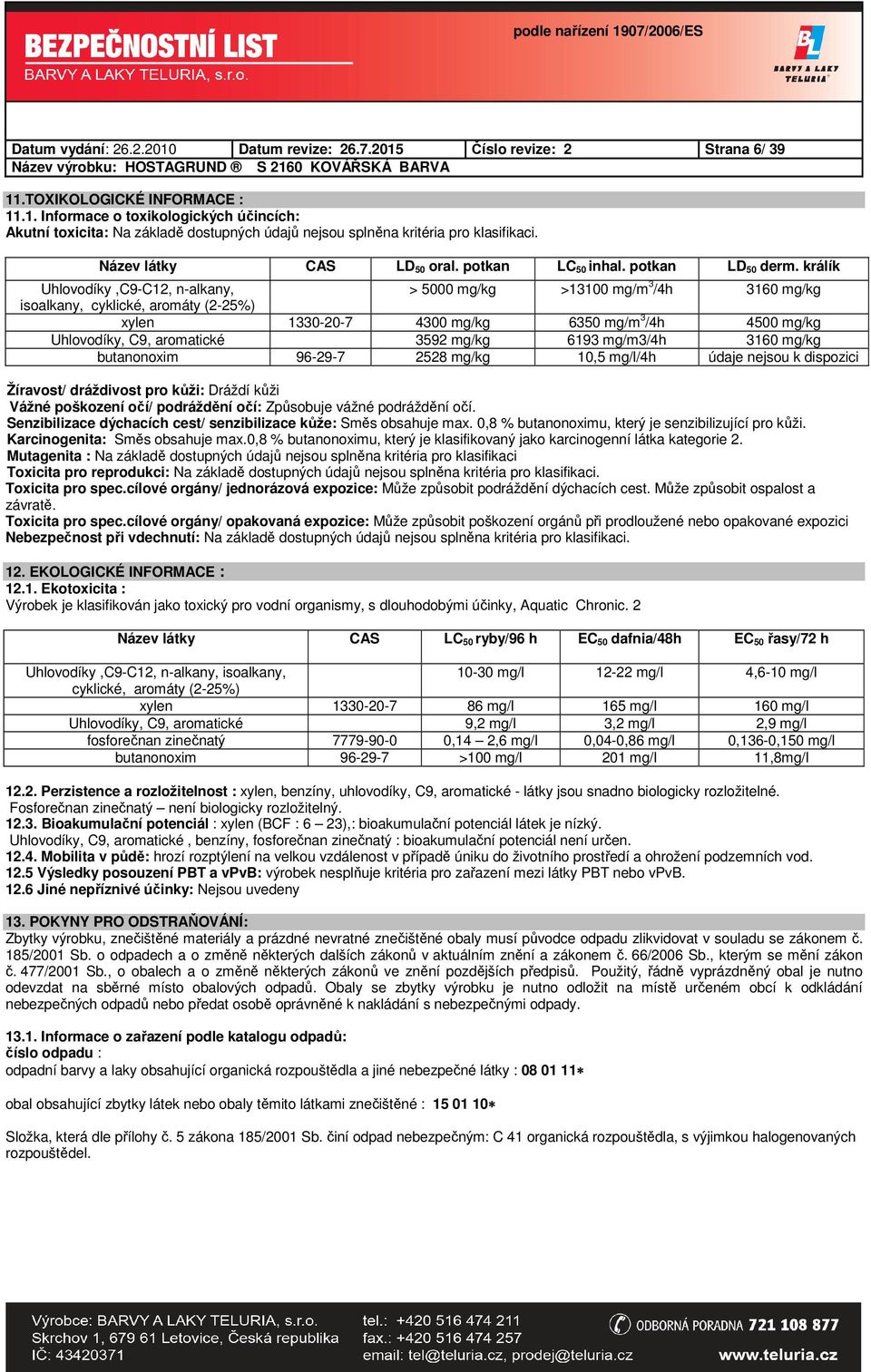 králík Uhlovodíky,C9-C12, n-alkany, > 5000 mg/kg >13100 mg/m 3 /4h 3160 mg/kg isoalkany, cyklické, aromáty (2-25%) xylen 1330-20-7 4300 mg/kg 6350 mg/m 3 /4h 4500 mg/kg Uhlovodíky, C9, aromatické