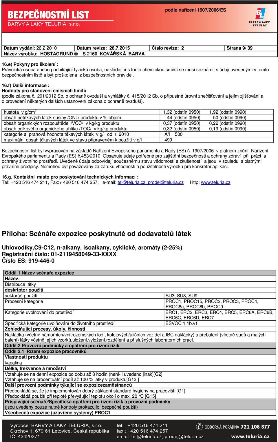 bezpečnostních pravidel. 16.f) Další informace : Hodnoty pro stanovení emisních limitů (podle zákona č. 201/2012 Sb. o ochraně ovzduší a vyhlášky č. 415/2012 Sb.