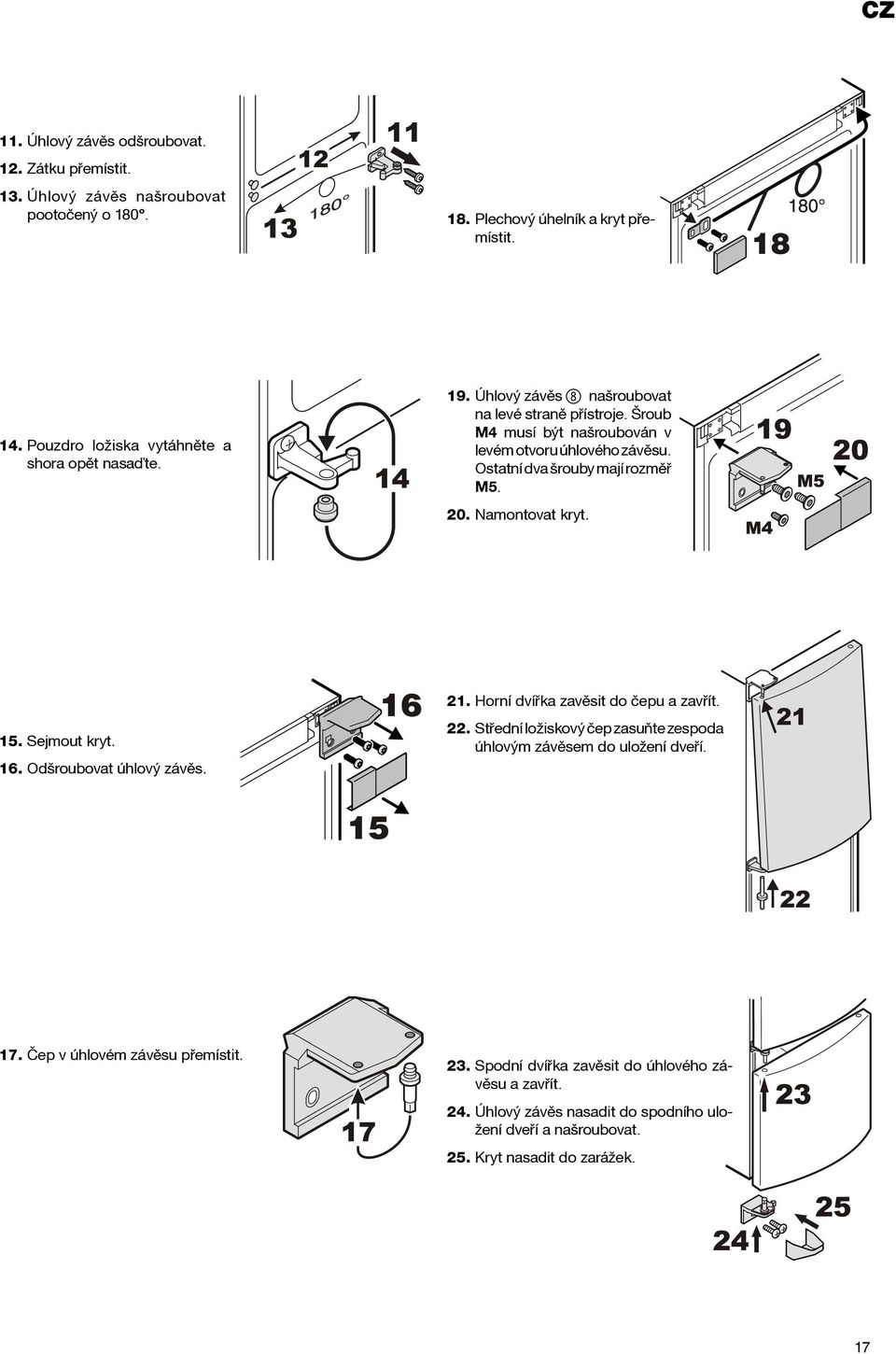 Ostatní dva šrouby mají rozmìø M5. 20. Namontovat kryt. 21. Horní dvíøka zavìsit do èepu a zavøít. 15. Sejmout kryt. 16. Odšroubovat úhlový závìs. 22.