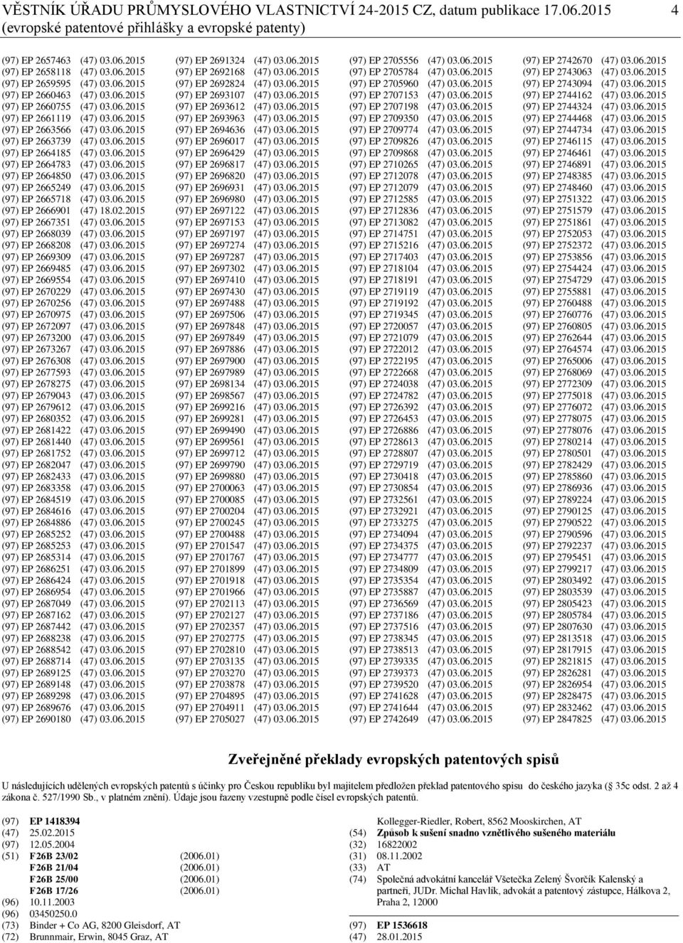 06.2015 (97) EP 2664850 (47) 03.06.2015 (97) EP 2665249 (47) 03.06.2015 (97) EP 2665718 (47) 03.06.2015 (97) EP 2666901 (47) 18.02.2015 (97) EP 2667351 (47) 03.06.2015 (97) EP 2668039 (47) 03.06.2015 (97) EP 2668208 (47) 03.