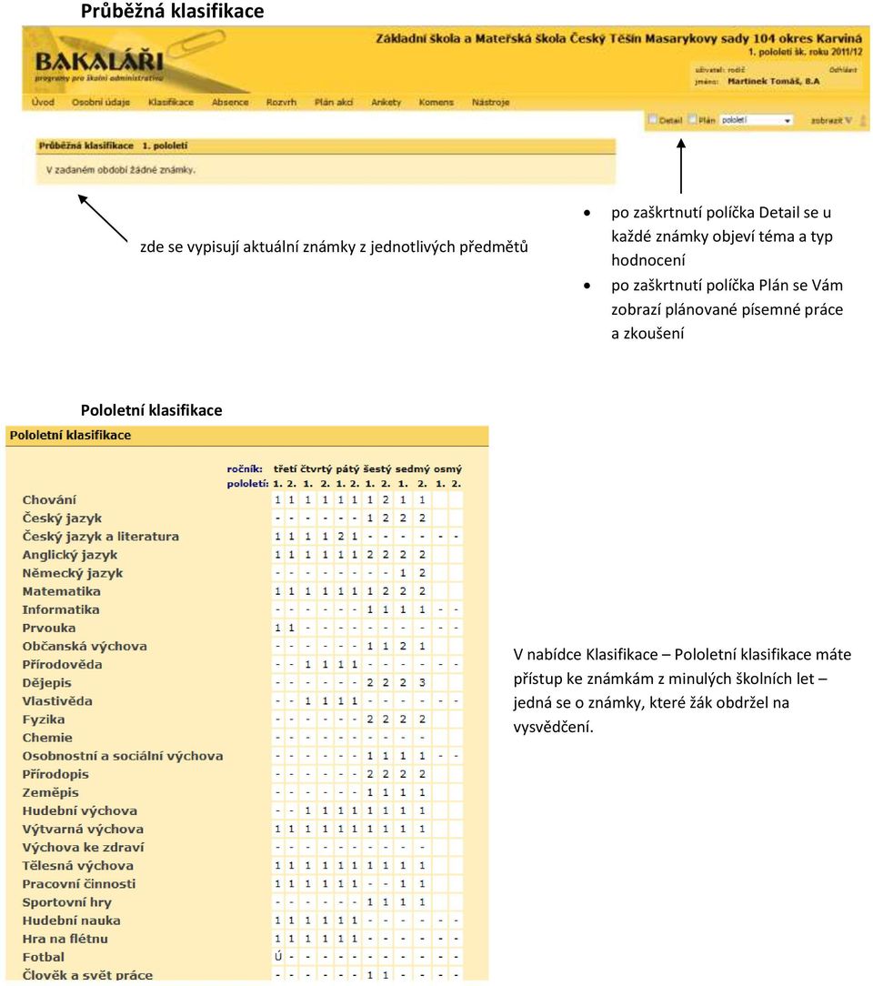 plánované písemné práce a zkoušení Pololetní klasifikace V nabídce Klasifikace Pololetní