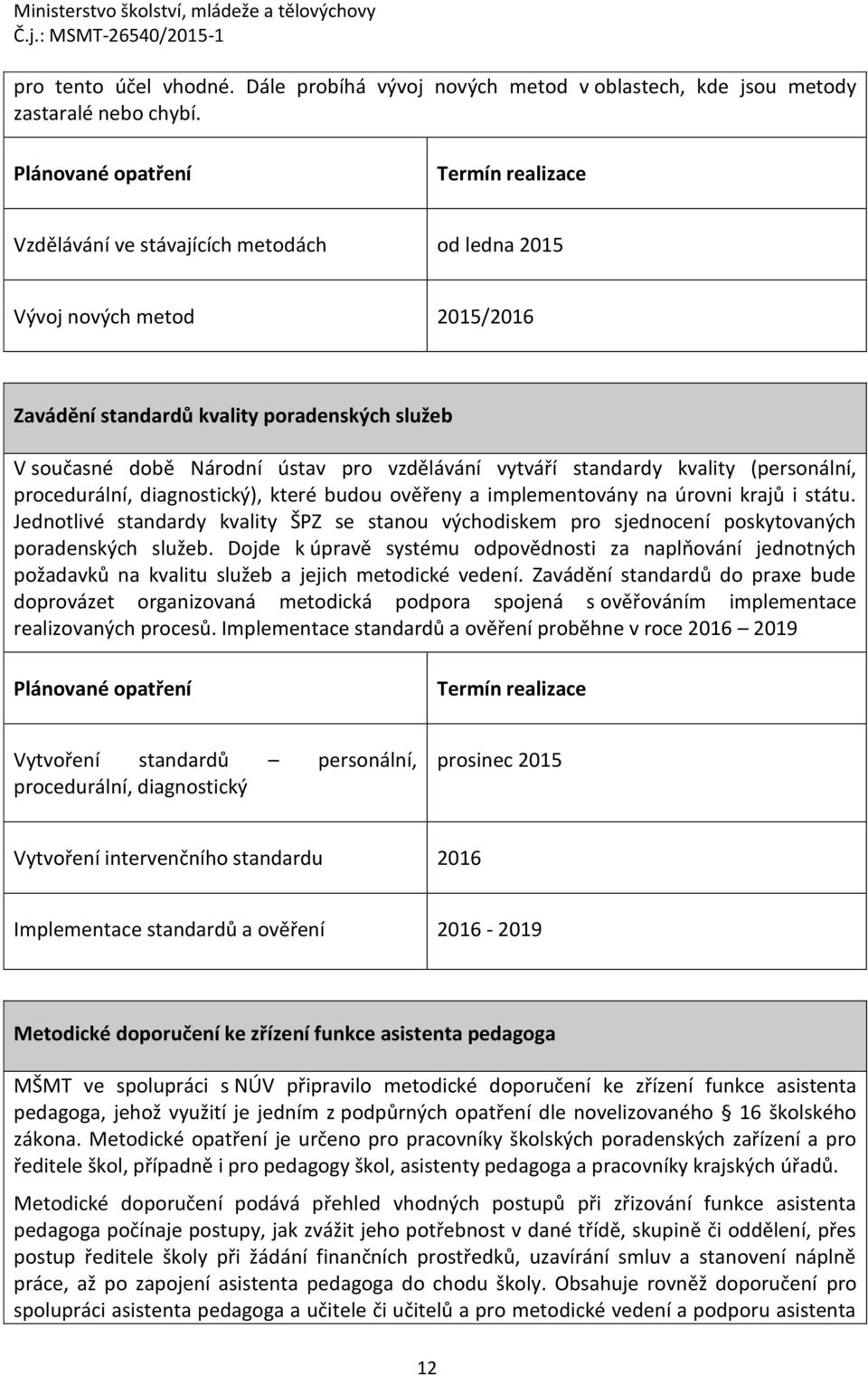 vzdělávání vytváří standardy kvality (personální, procedurální, diagnostický), které budou ověřeny a implementovány na úrovni krajů i státu.