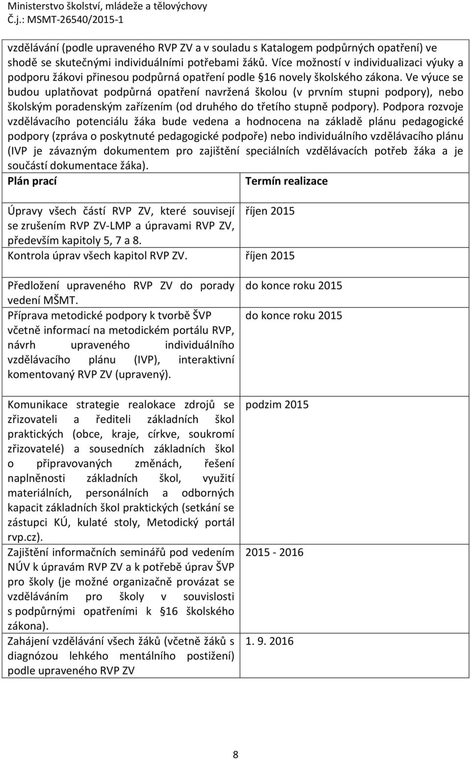 Ve výuce se budou uplatňovat podpůrná opatření navržená školou (v prvním stupni podpory), nebo školským poradenským zařízením (od druhého do třetího stupně podpory).