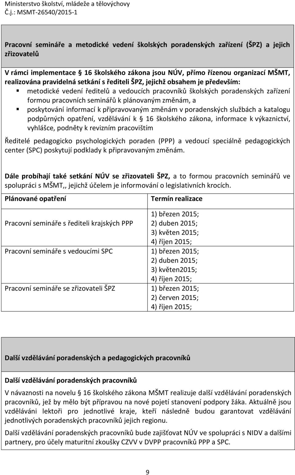 poskytování informací k připravovaným změnám v poradenských službách a katalogu podpůrných opatření, vzdělávání k 16 školského zákona, informace k výkaznictví, vyhlášce, podněty k revizním