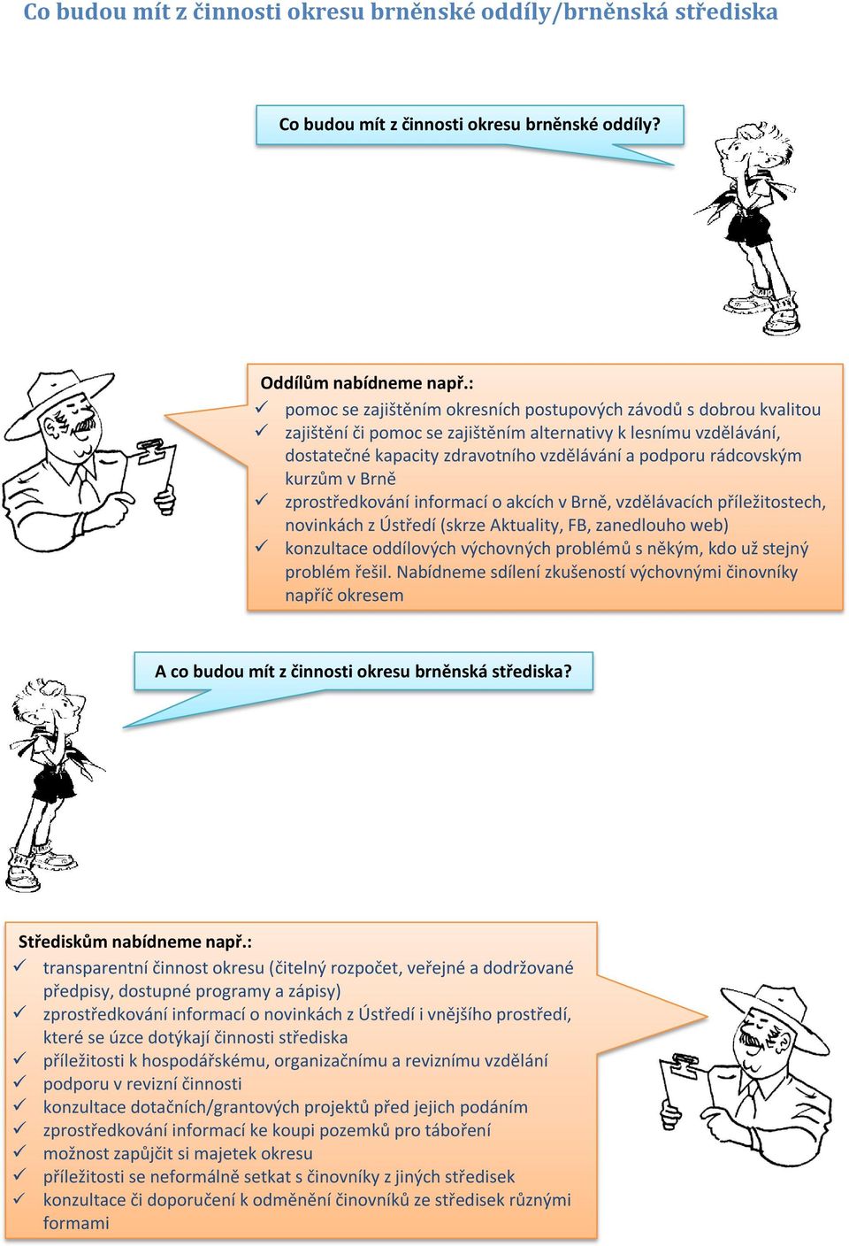 kurzům v Brně zprostředkování informací o akcích v Brně, vzdělávacích příležitostech, novinkách z Ústředí (skrze Aktuality, FB, zanedlouho web) konzultace oddílových výchovných problémů s někým, kdo