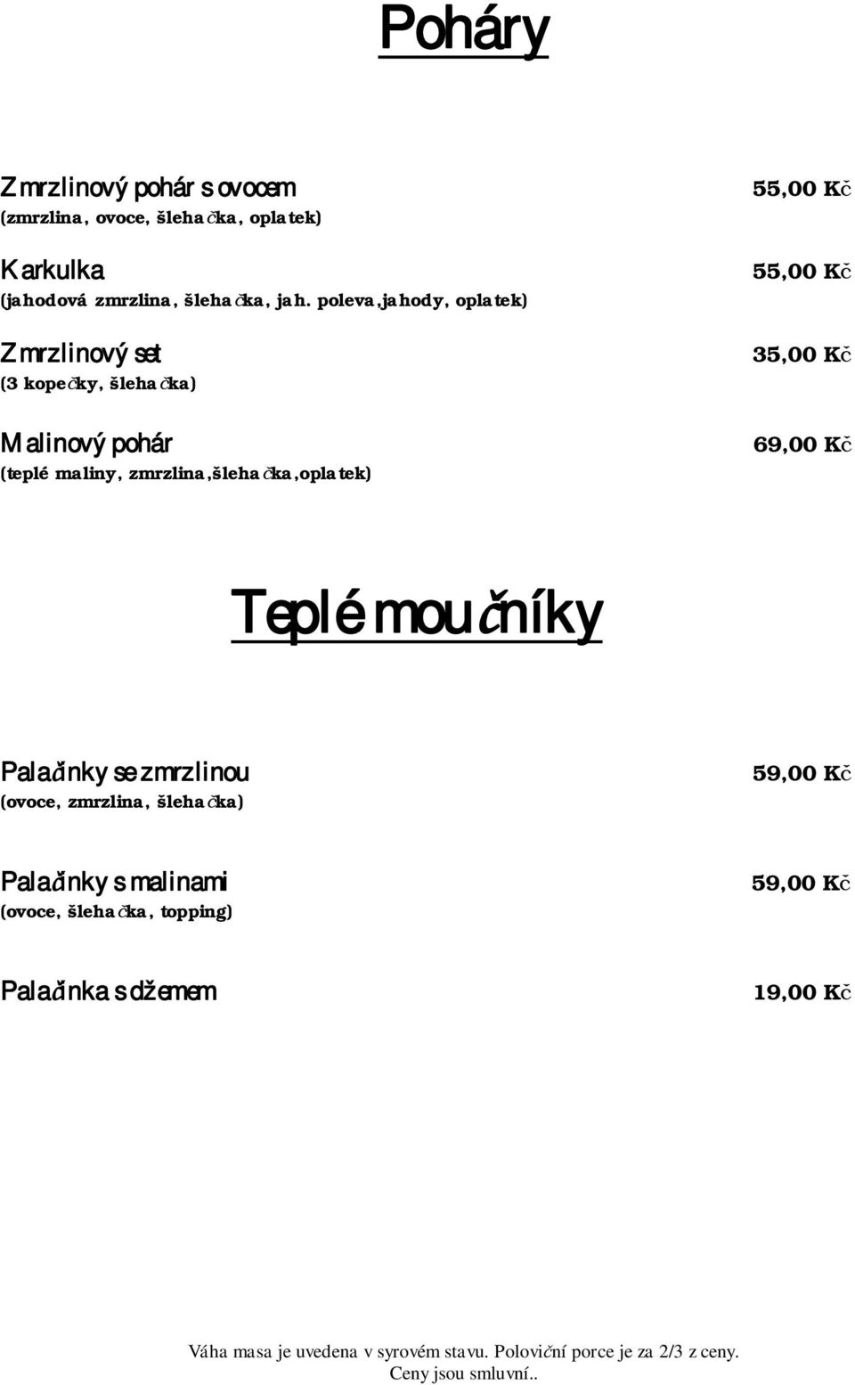 poleva,jahody, oplatek) Zmrzlinový set (3 kope ky, šleha ka) Malinový pohár (teplé maliny,