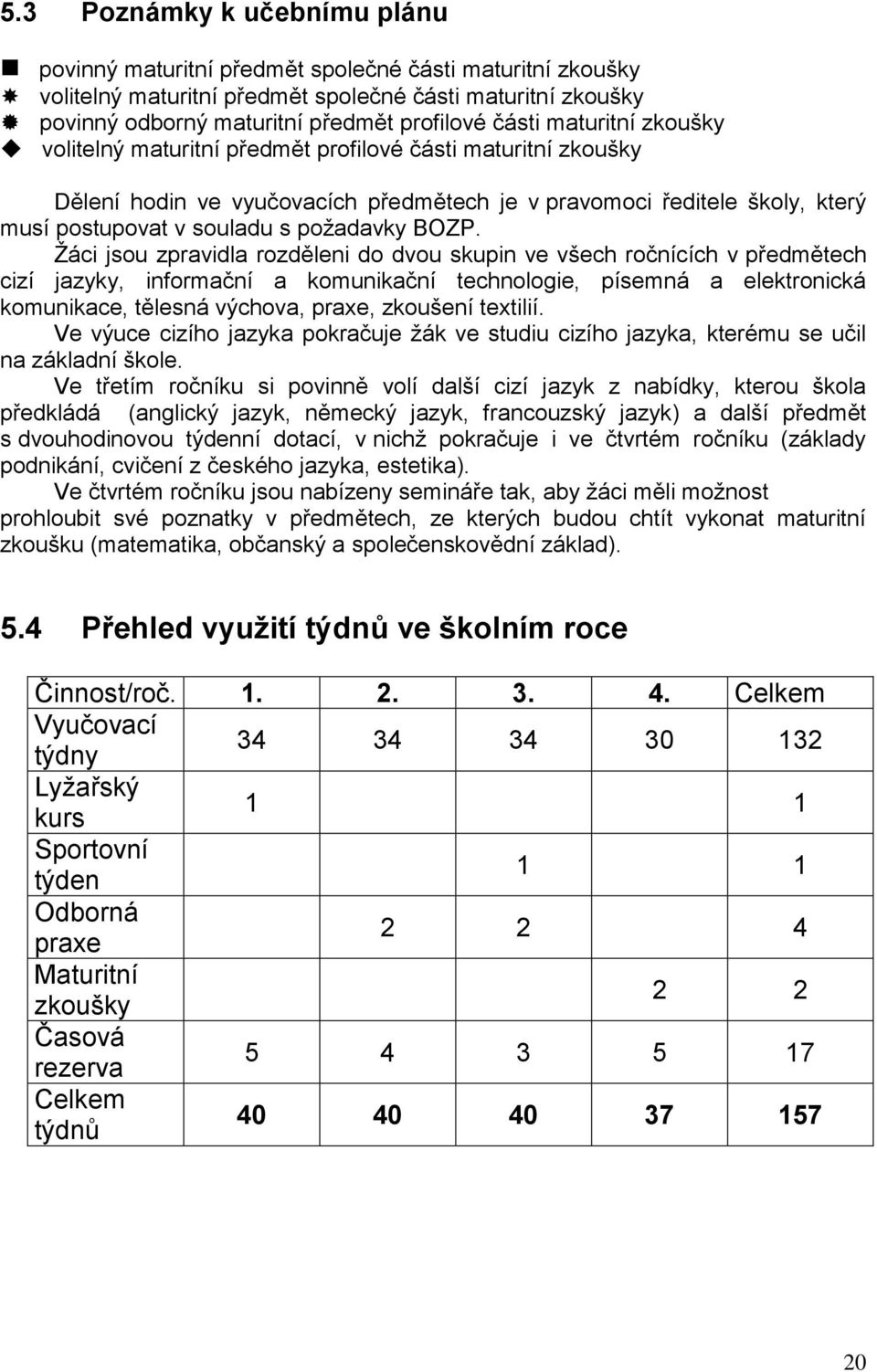 Žáci jsou zpravidla rozděleni do dvou skupin ve všech ročnících v předmětech cizí jazyky, informační a komunikační technologie, písemná a elektronická komunikace, tělesná výchova, praxe, zkoušení