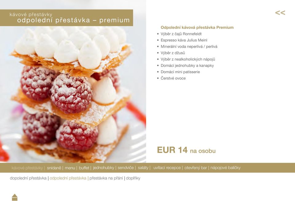 Domácí jednohubky a kanapky Domácí mini patisserie Čerstvé ovoce EUR 14 na osobu kávové přestávky snídaně