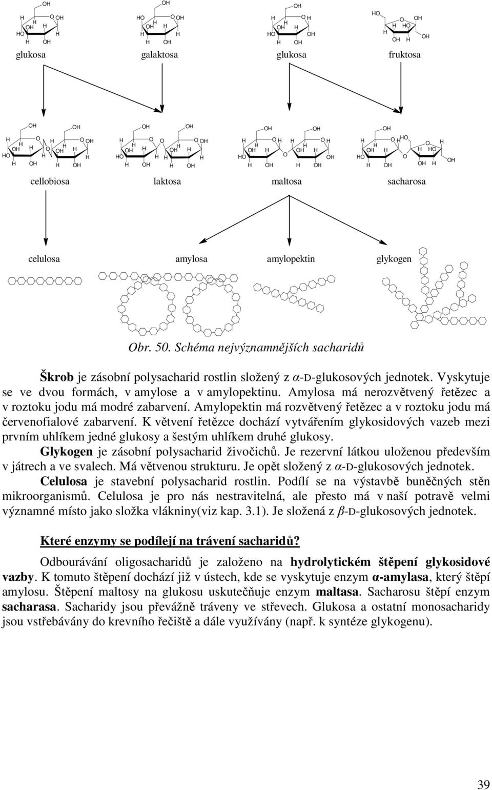 Amylosa má nerozvětvený řetězec a v roztoku jodu má modré zabarvení. Amylopektin má rozvětvený řetězec a v roztoku jodu má červenofialové zabarvení.