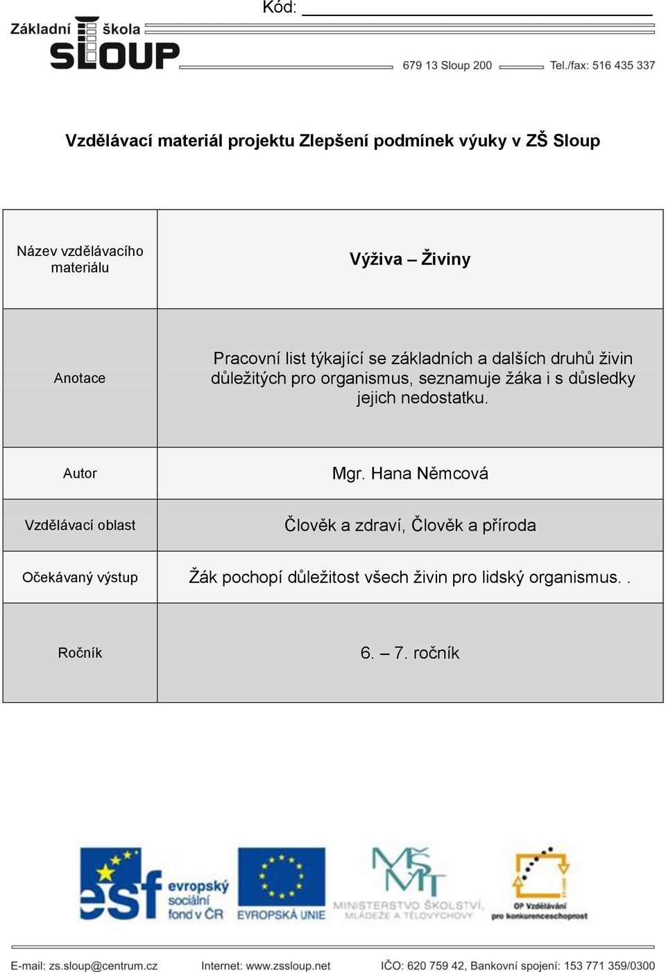 seznamuje žáka i s důsledky jejich nedostatku. Autor Mgr.