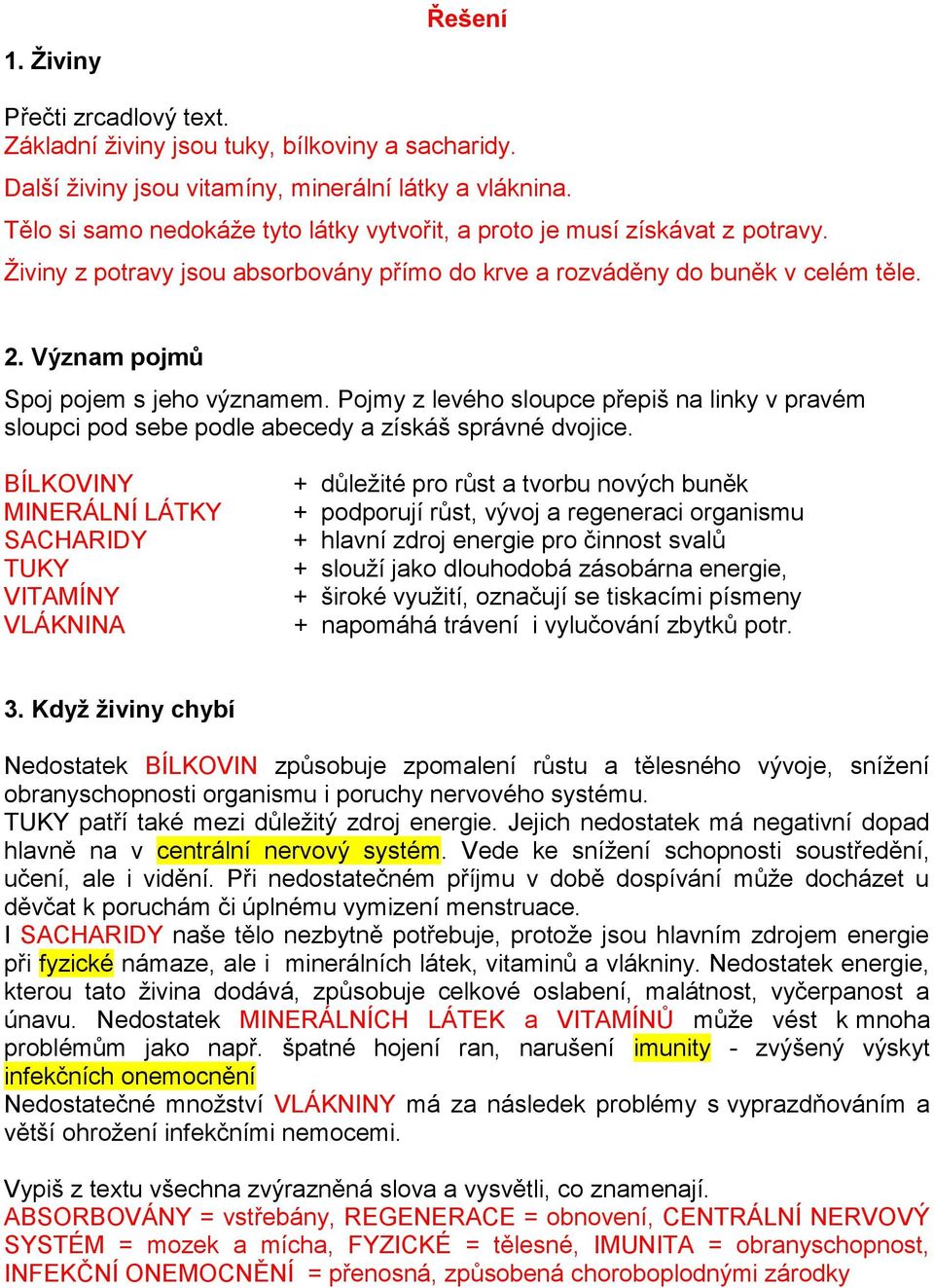 Význam pojmů Spoj pojem s jeho významem. Pojmy z levého sloupce přepiš na linky v pravém sloupci pod sebe podle abecedy a získáš správné dvojice.