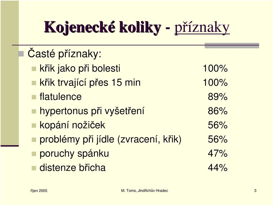 86% kopání nožiček 56% problémy při jídle (zvracení, křik) 56% poruchy