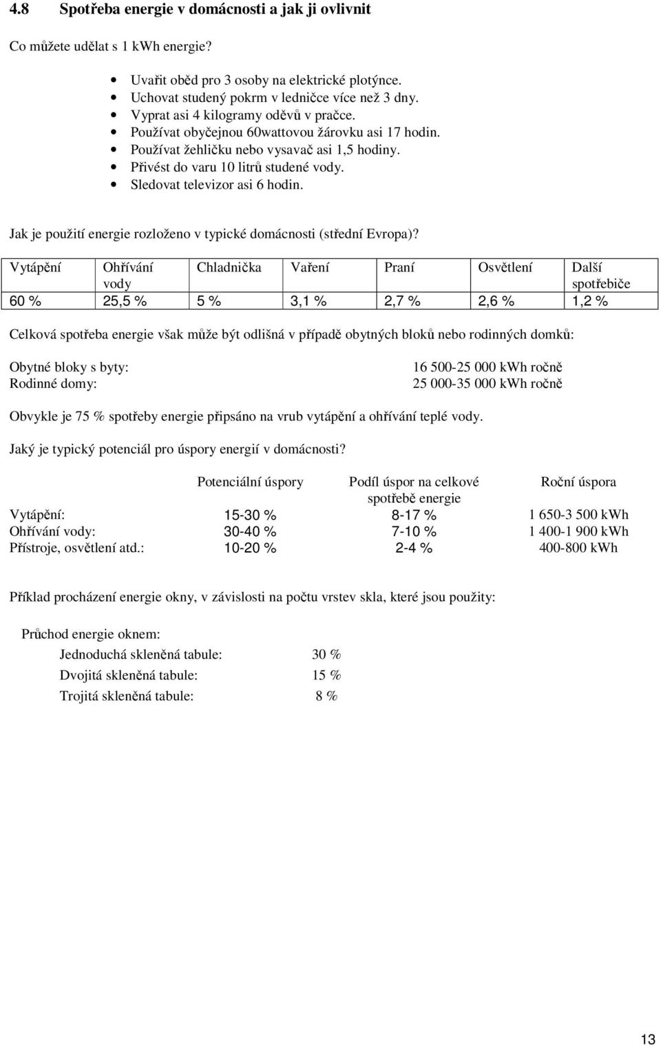 Sledovat televizor asi 6 hodin. Jak je použití energie rozloženo v typické domácnosti (střední Evropa)?