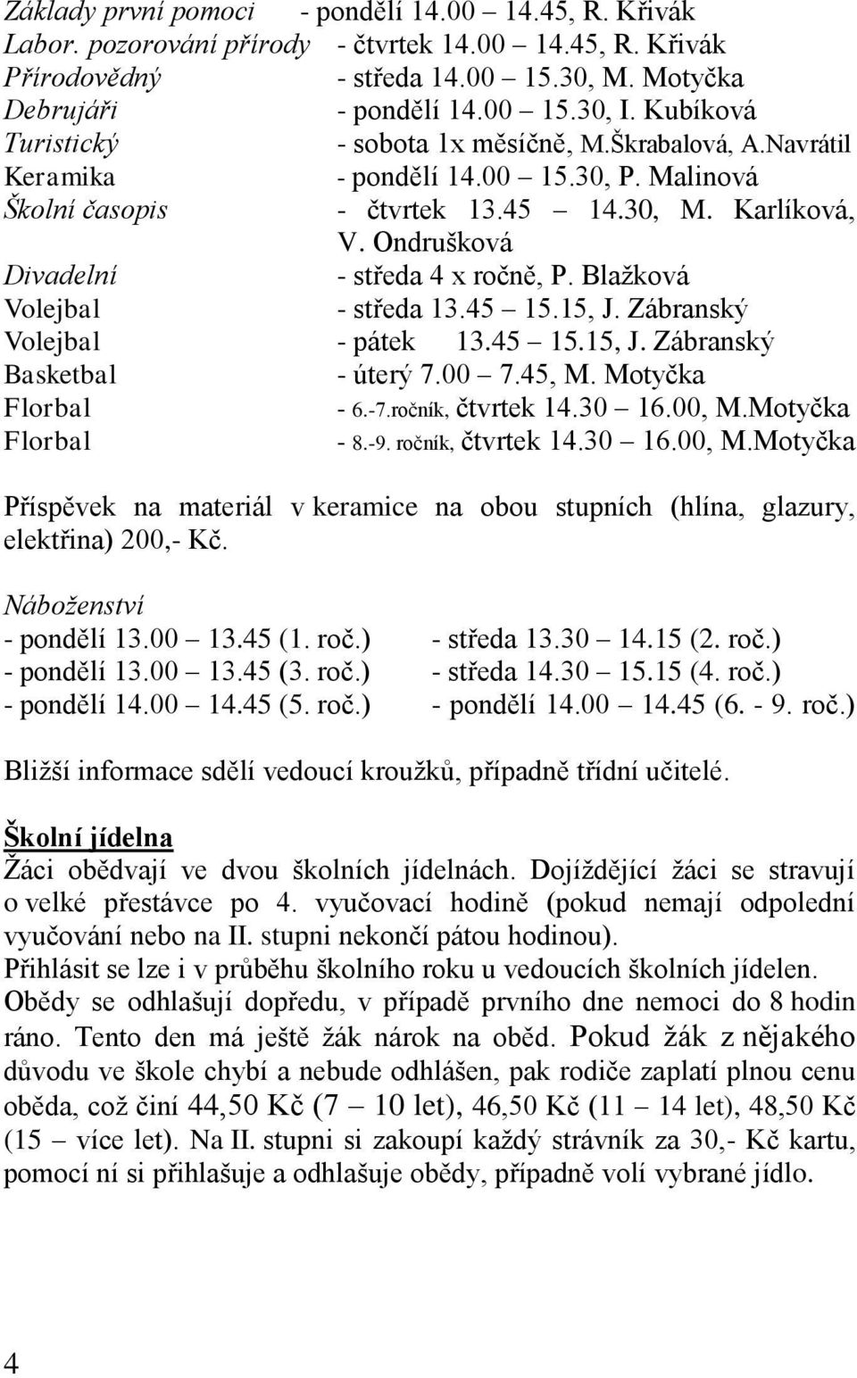 Ondrušková Divadelní - středa 4 x ročně, P. Blažková Volejbal - středa 13.45 15.15, J. Zábranský Volejbal - pátek 13.45 15.15, J. Zábranský Basketbal - úterý 7.00 7.45, M. Motyčka Florbal - 6.-7.