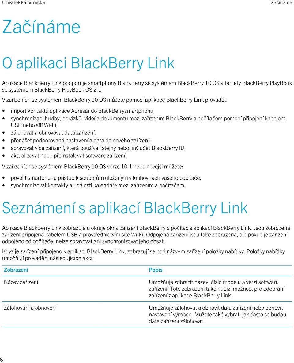 V zařízeních se systémem BlackBerry 10 OS můžete pomocí aplikace BlackBerry Link provádět: import kontaktů aplikace Adresář do BlackBerrysmartphonu, synchronizaci hudby, obrázků, videí a dokumentů