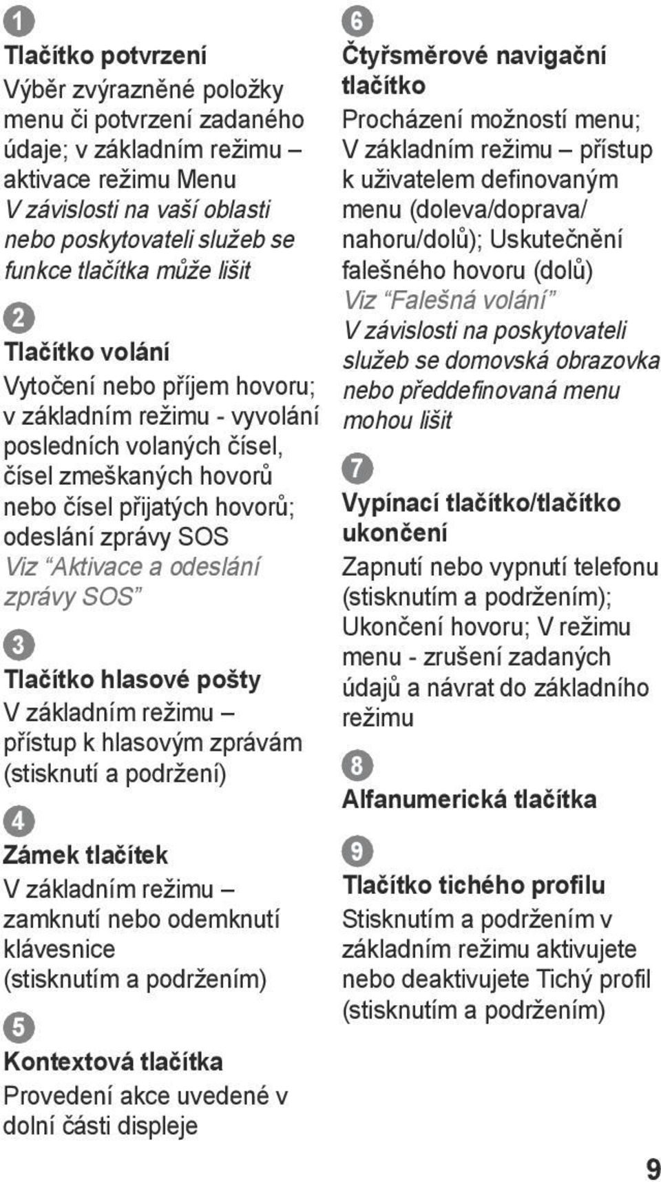 odeslání zprávy SOS 3 Tlačítko hlasové pošty V základním režimu přístup k hlasovým zprávám (stisknutí a podržení) 4 Zámek tlačítek V základním režimu zamknutí nebo odemknutí klávesnice (stisknutím a