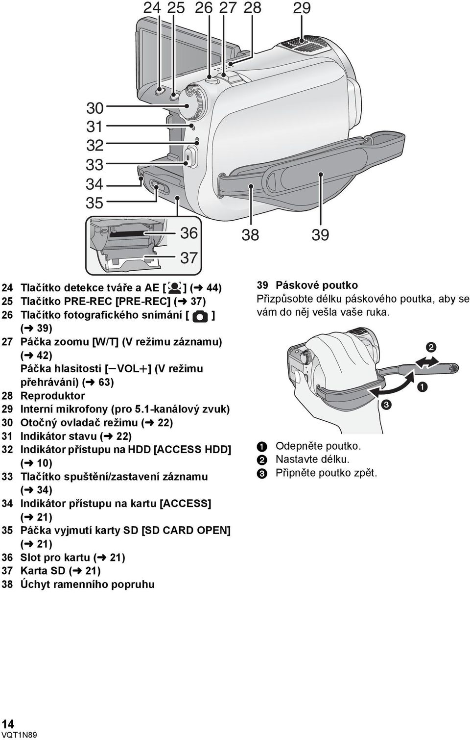 1-kanálový zvuk) 30 Otočný ovladač režimu (l 22) 31 Indikátor stavu (l 22) 32 Indikátor přístupu na HDD [ACCESS HDD] (l 10) 33 Tlačítko spuštění/zastavení záznamu (l 34) 34 Indikátor přístupu na