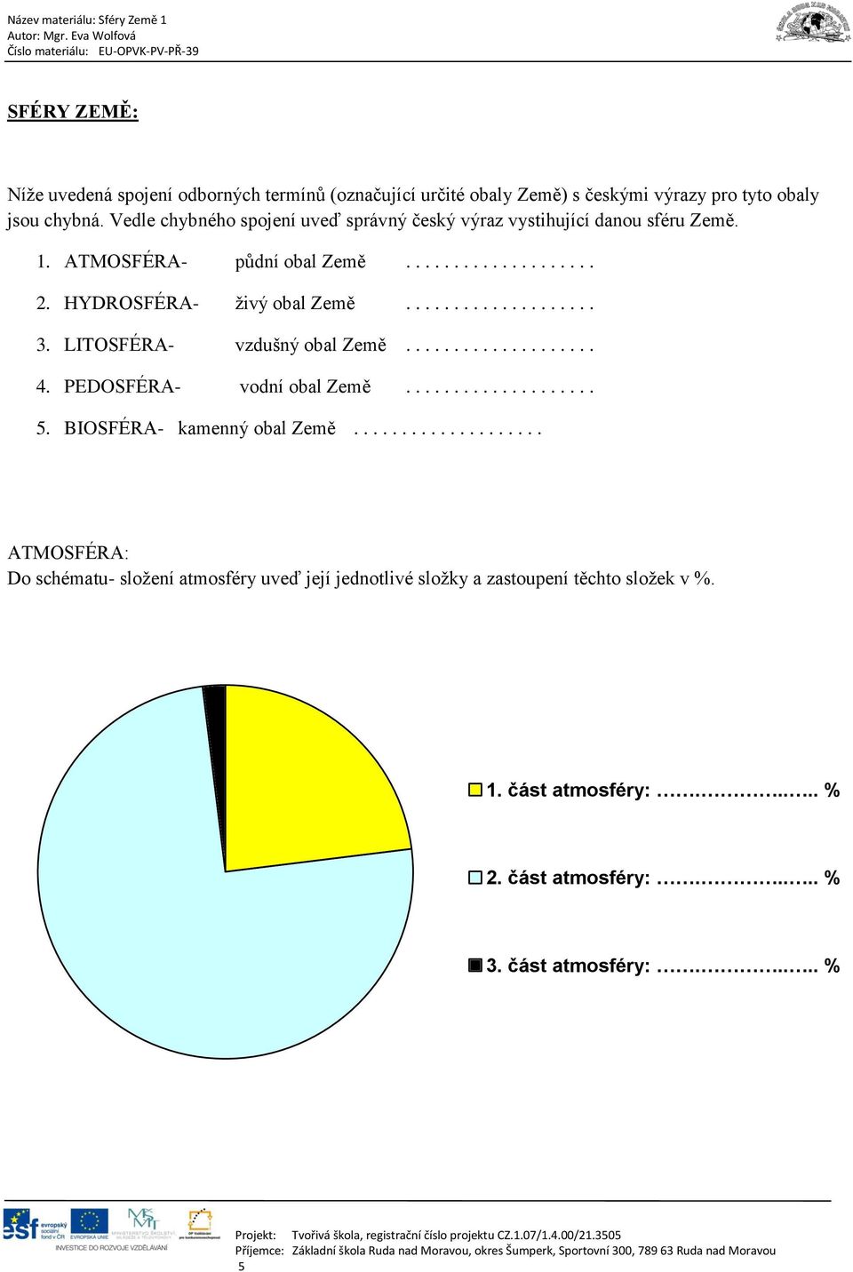 ................... 3. LITOSFÉRA- vzdušný obal Země.................... 4. PEDOSFÉRA- vodní obal Země.................... 5. BIOSFÉRA- kamenný obal Země.