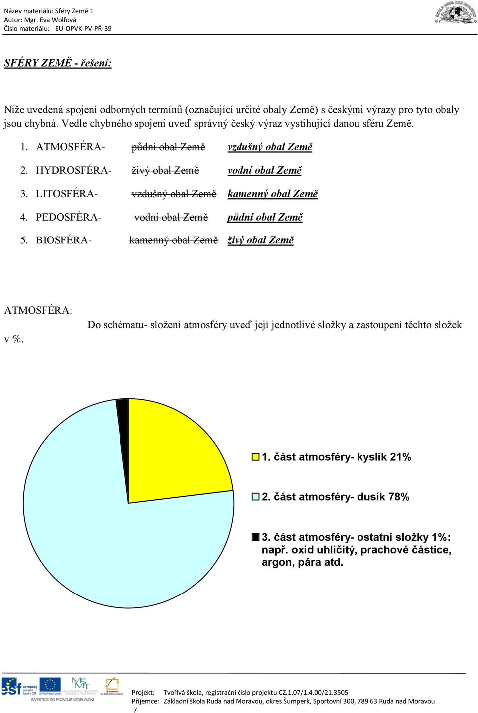 LITOSFÉRA- vzdušný obal Země kamenný obal Země 4. PEDOSFÉRA- vodní obal Země půdní obal Země 5. BIOSFÉRA- kamenný obal Země živý obal Země ATMOSFÉRA: v %.