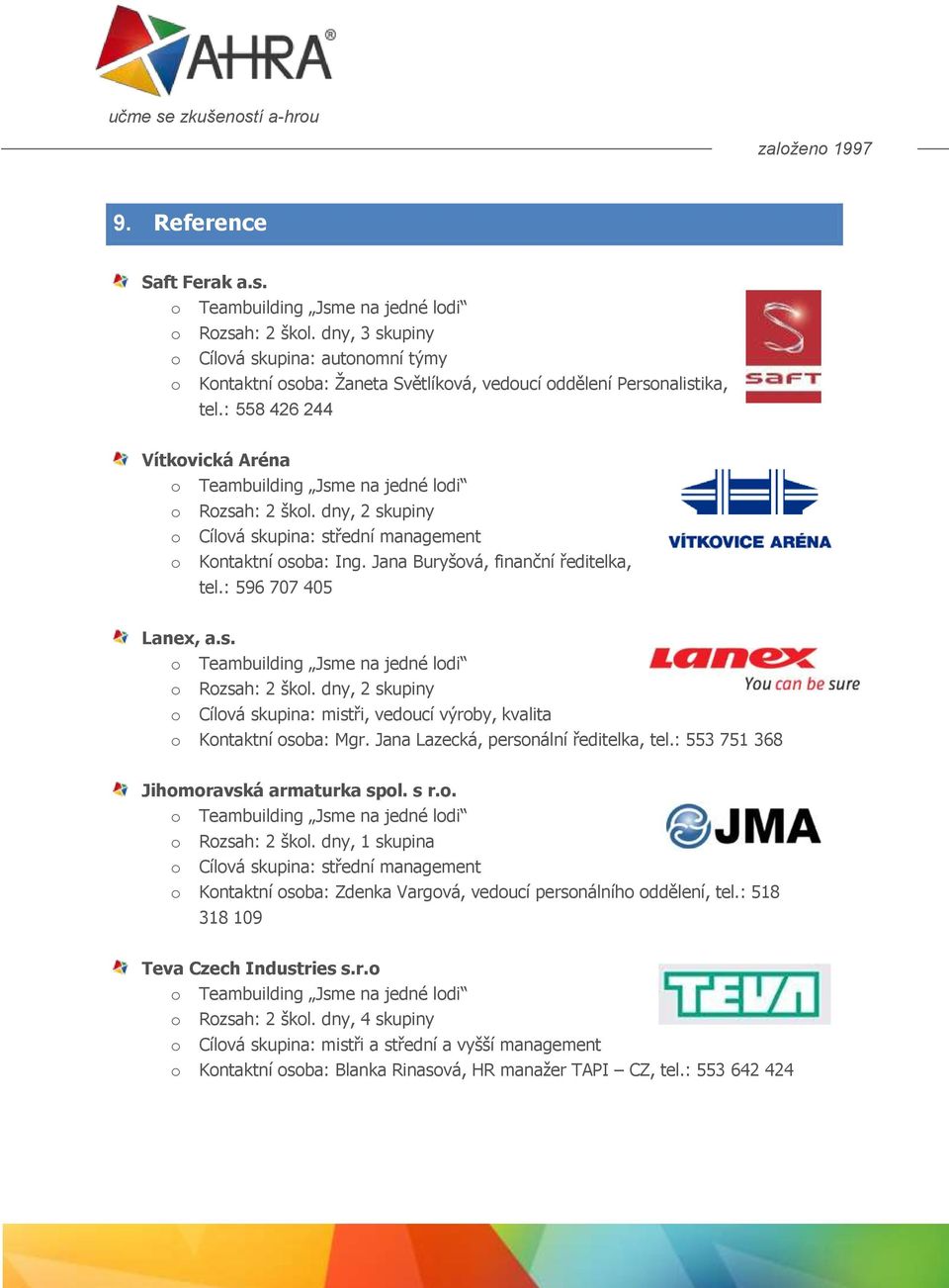 : 558 426 244 Vítkovická Aréna o Teambuilding Jsme na jedné lodi o Rozsah: 2 škol. dny, 2 skupiny o Cílová skupina: střední management o Kontaktní osoba: Ing. Jana Buryšová, finanční ředitelka, tel.